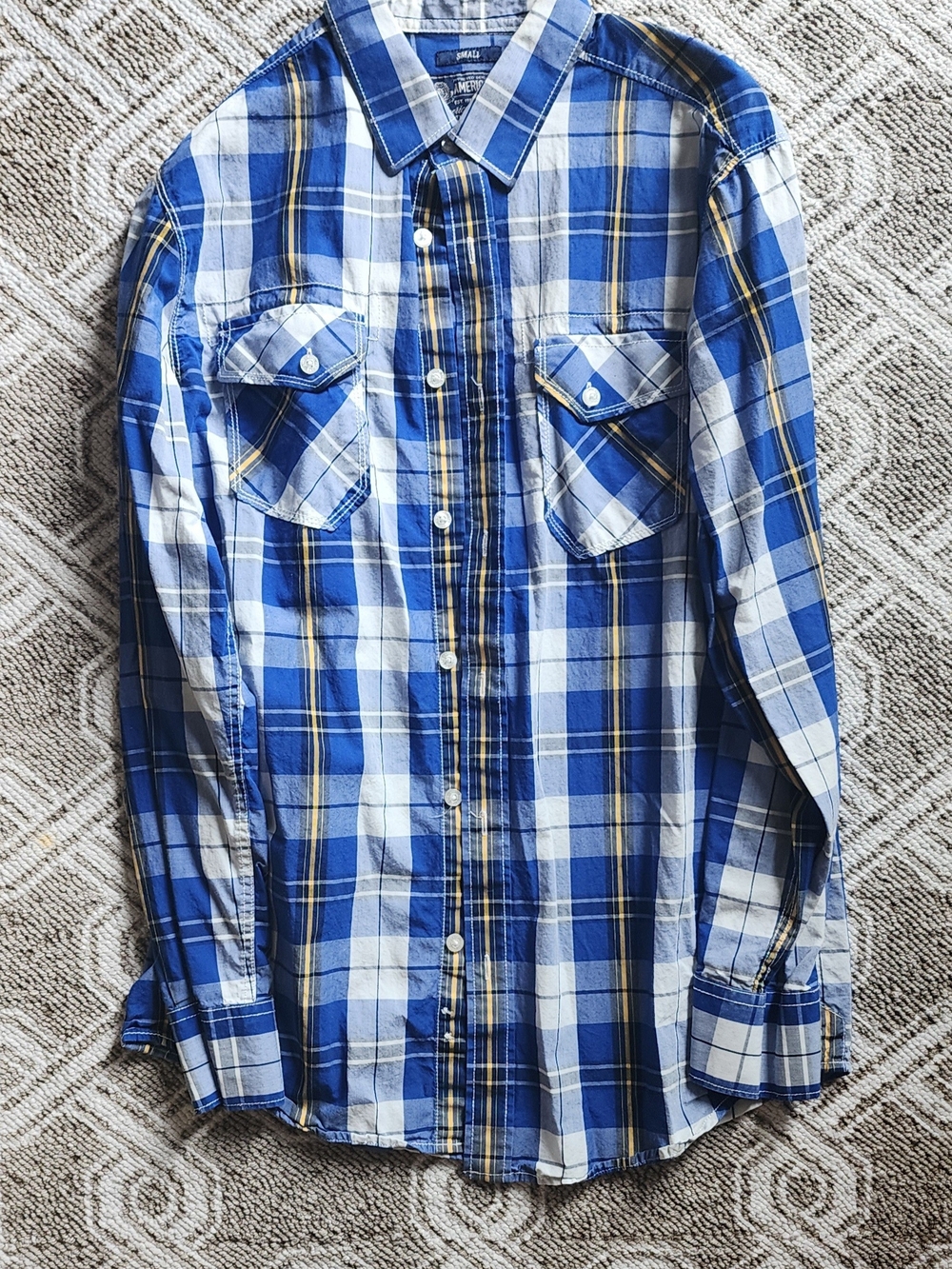 American Rag Blue White Plaid Button-Down Shirt with Yellow Accents